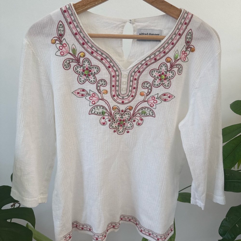 Alfred Dunner White Tunic with Pink & Green Floral Embroidery